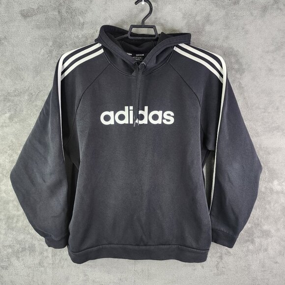 Mens Black Adidas Hoodie Sweatshirt Long Sleeves w/ White Stripes Size XL - Picture 2 of 10